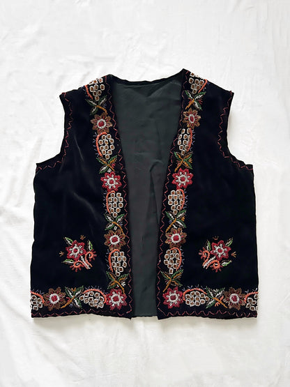 60s black velvet beaded vest, Size M-L