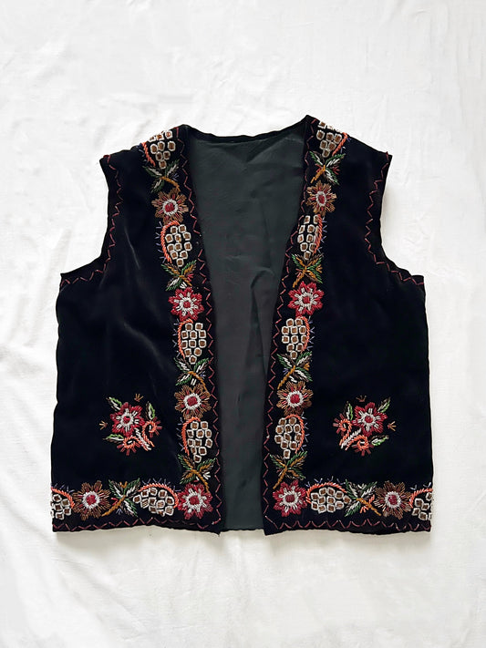 60s black velvet beaded vest, Size M-L
