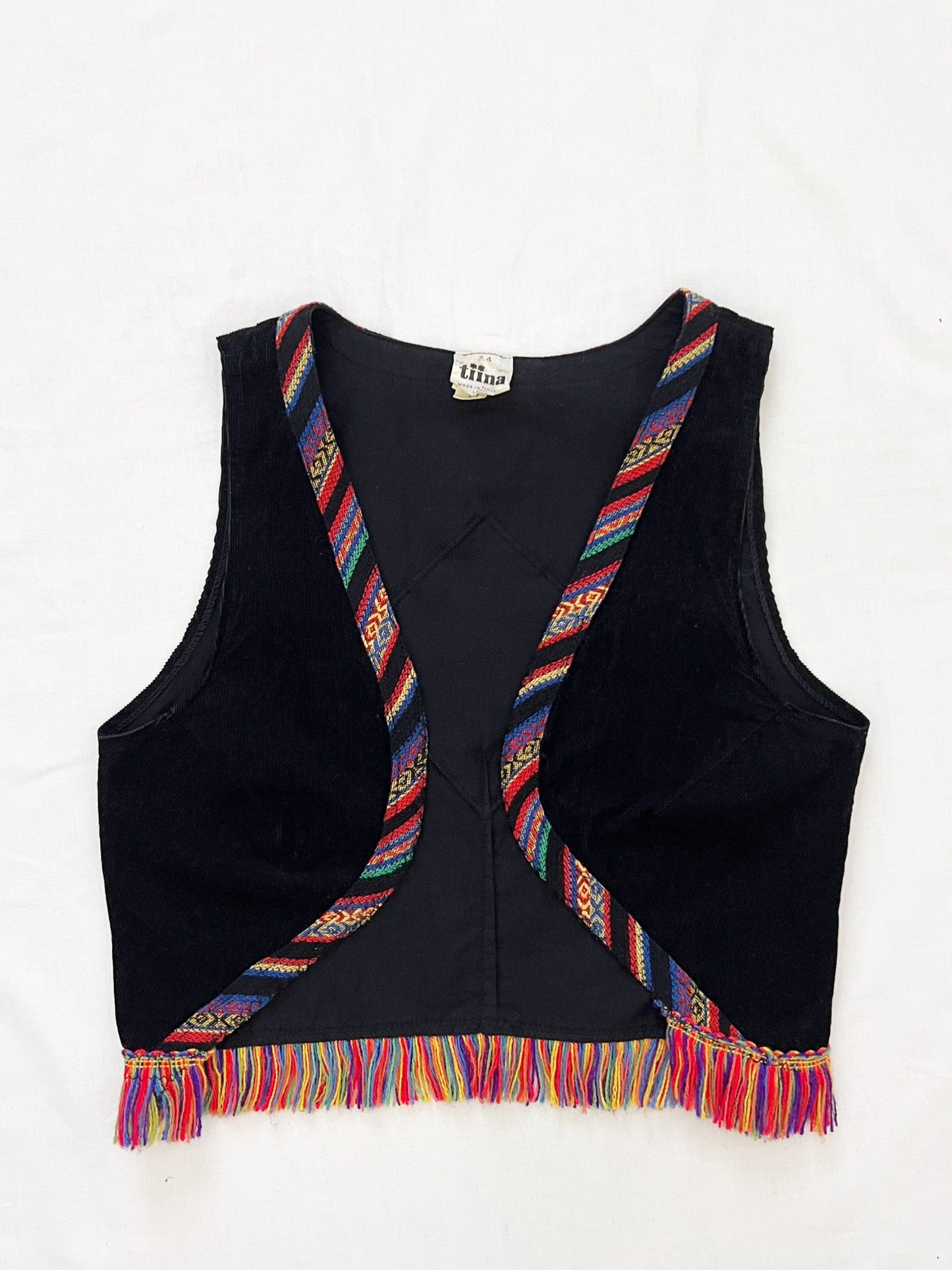 70s black vest with colorful fringe, Size XS
