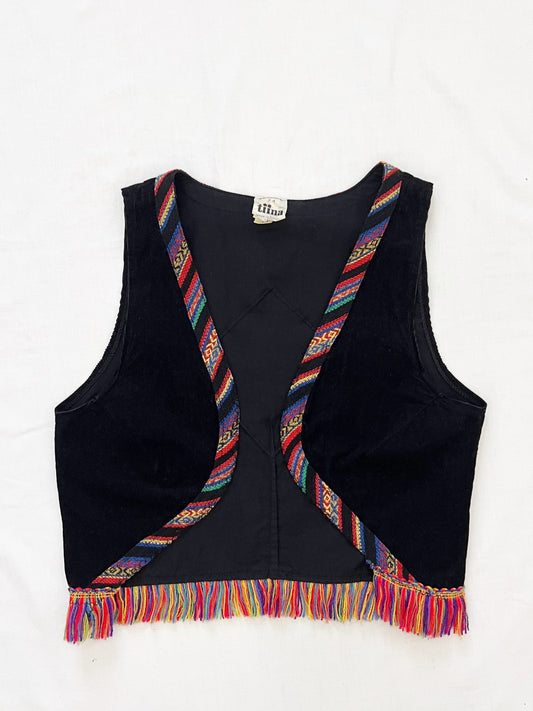 70s black vest with colorful fringe, Size XS