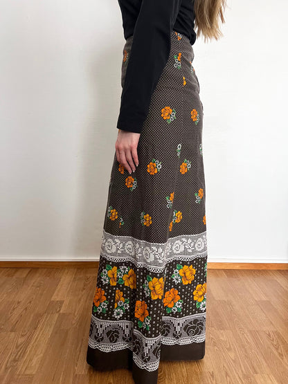 70s brown flower skirt, Size S
