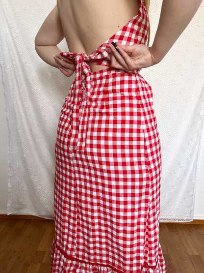 70s gingham open back halter neck and skirt set, Size S