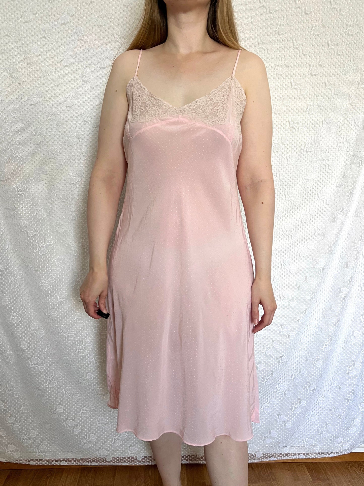40s pink floral lace nightgown, Size L