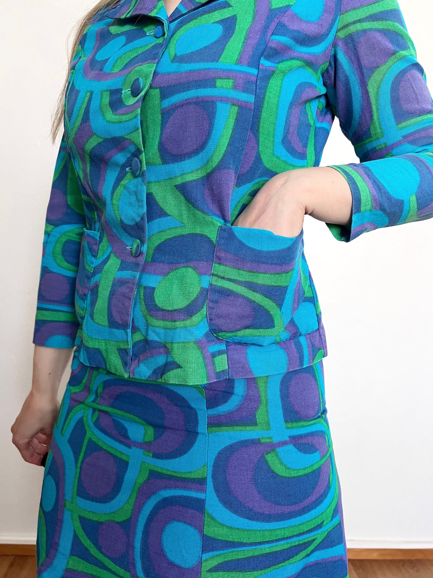 60s blue geometric shirt and skirt set, Size S