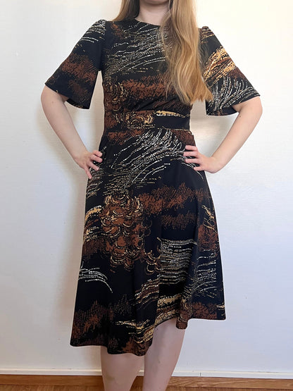 70s dark flared sleeves dress, Size S