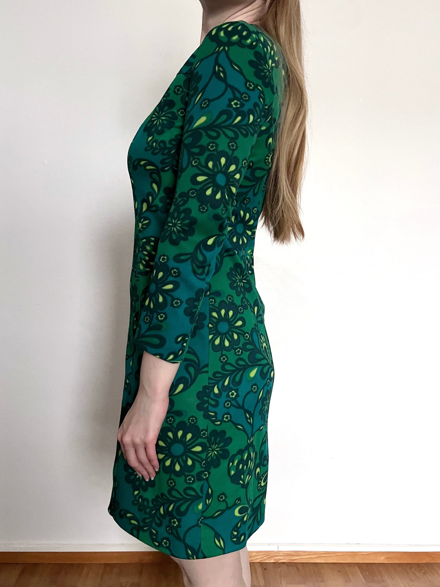 60s green flower dress, Size S