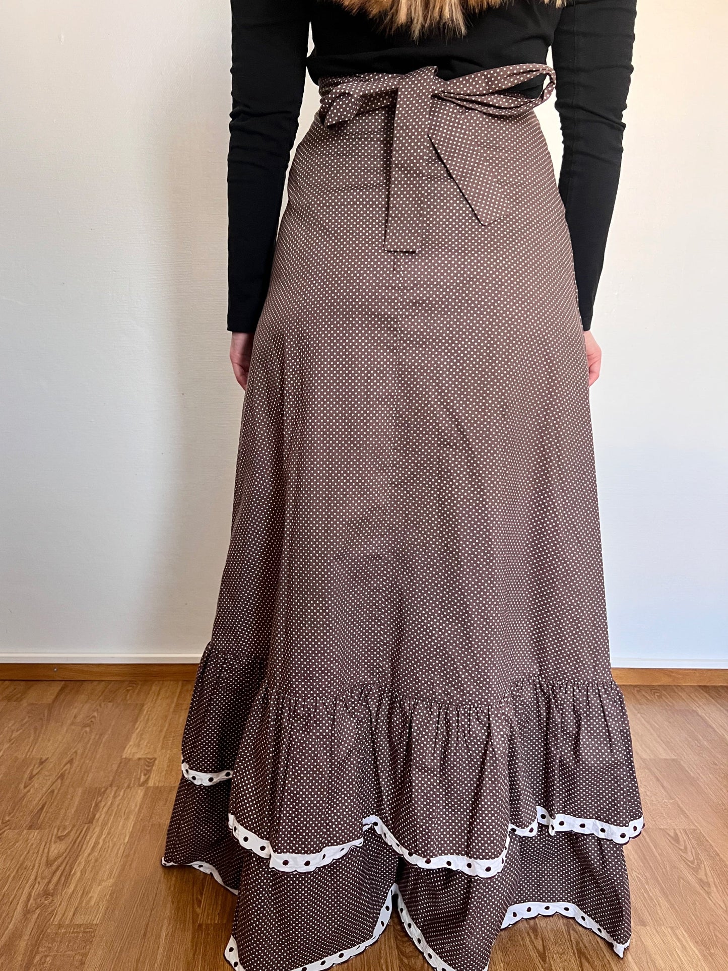 70s Pia & Paula brown and white polka dot maxi skirt, Size XS