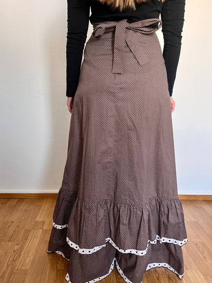 70s Pia & Paula brown and white polka dot maxi skirt, Size XS