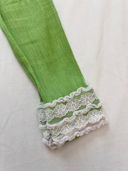 70s Victorian inspired green & lace blouse, Size M