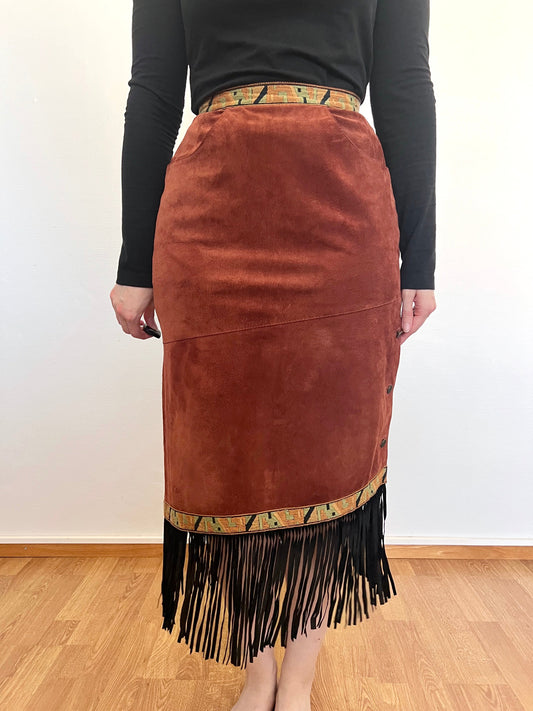 70s suede fringe skirt, Size S