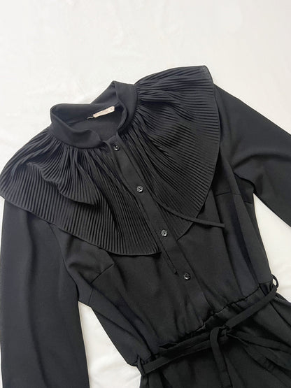 70s black ruffle dress, Size L