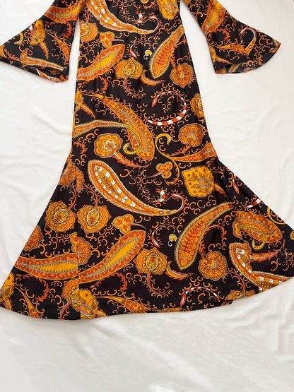 70s paisley pattern and wide sleeves dress, Size S