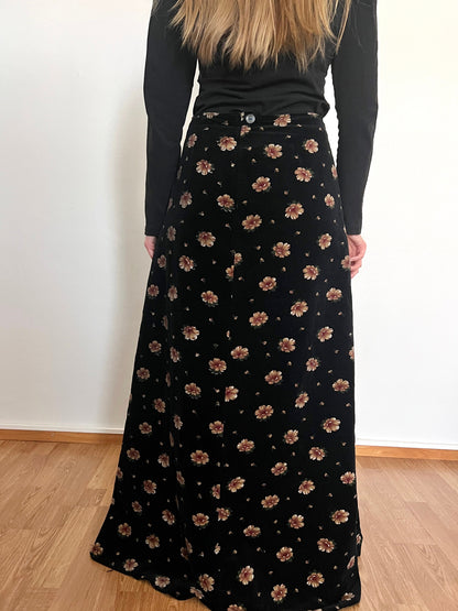 60s black velvet flower maxi skirt, Size M