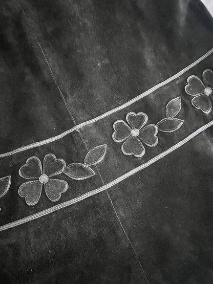 60s black suede flower skirt, Size XS