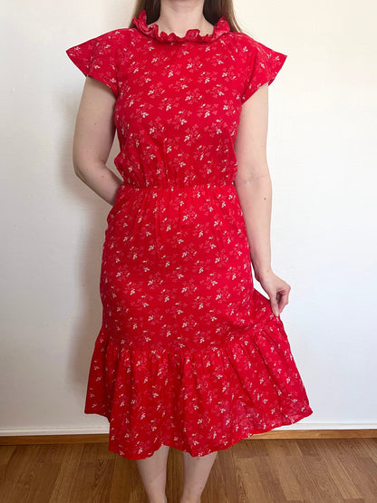 70s red cotton floral dress, Size M