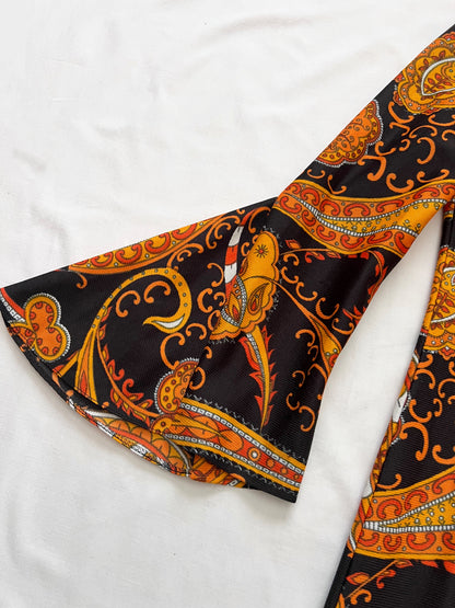 70s paisley pattern and wide sleeves dress, Size S