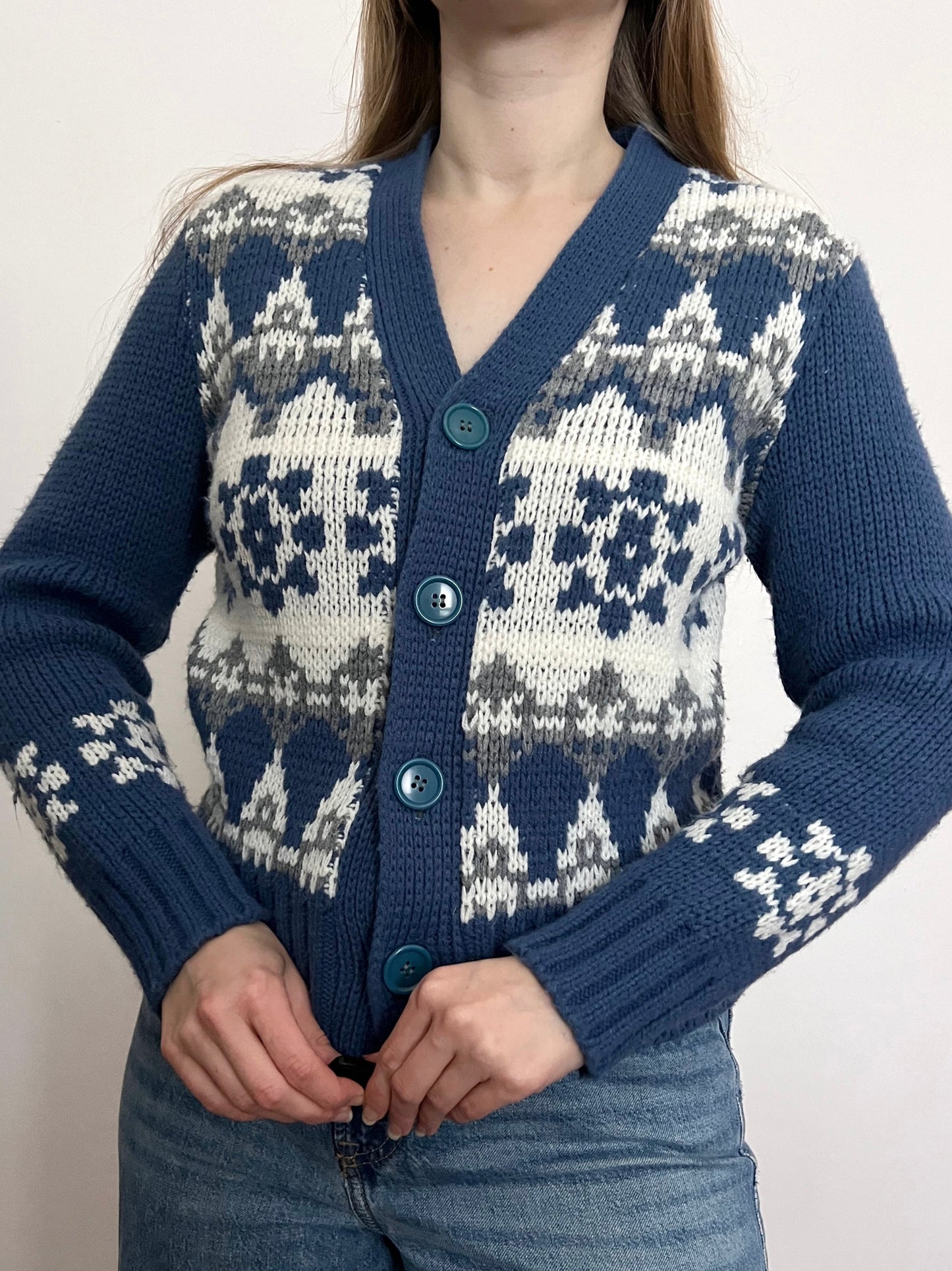 70s blue and white cardigan, Size M-L