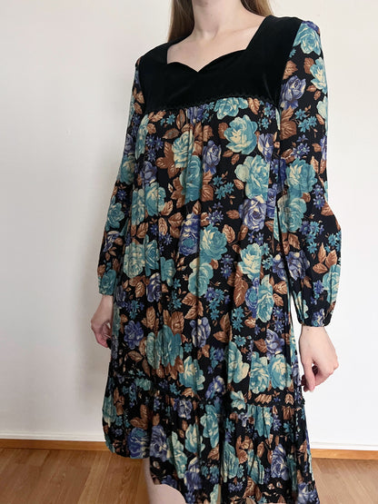 70s floral and black velvet dress, Size S