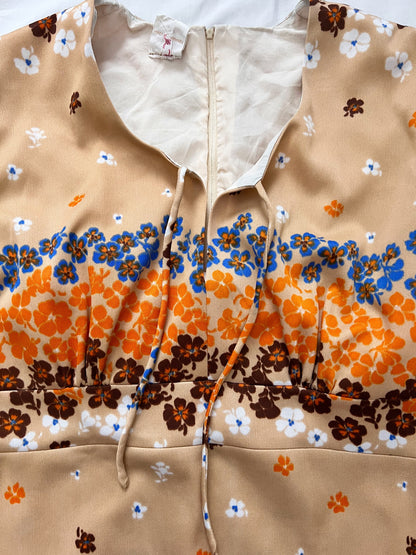 70s beige floral dress, Size M