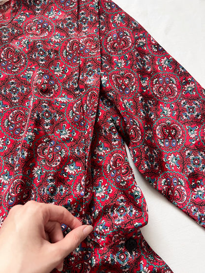 80s red ornate pattern blouse, Size XS-S