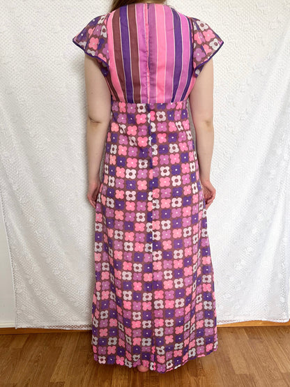 70s pink and purple flower power dress, Size S