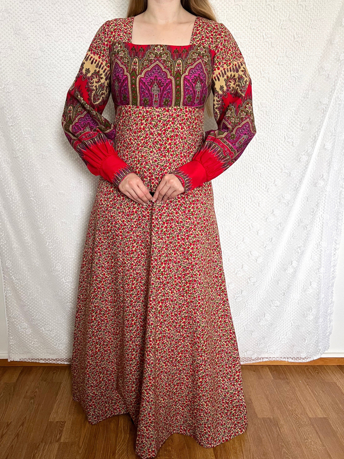 70s red floral Medieval revival maxi dress, Size S-M