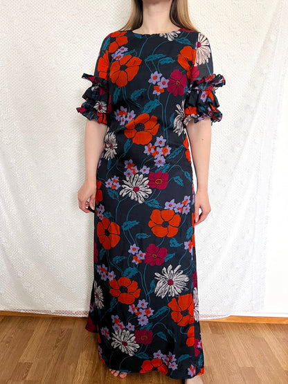 70s ruffle sleeves floral dress, Size S-M