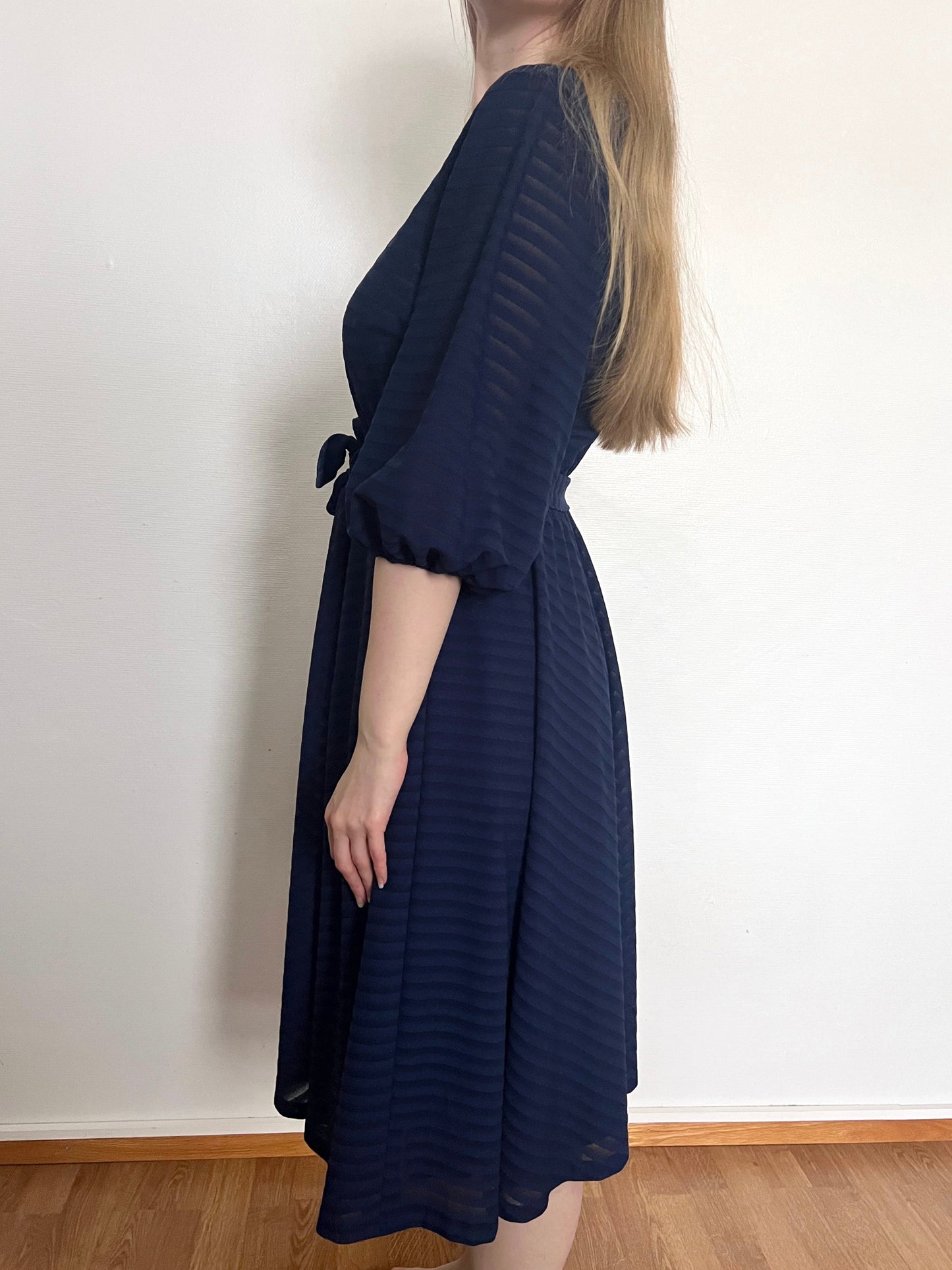 70s navy blue stripes dress, Size L