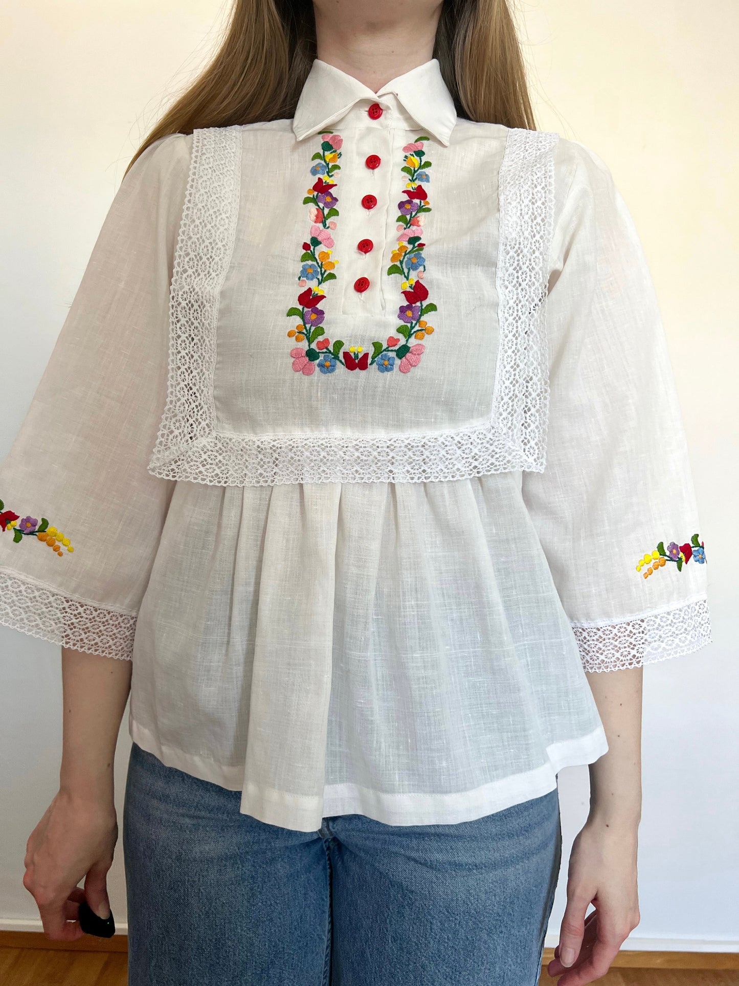 70s lace and floral blouse, Size XS-S