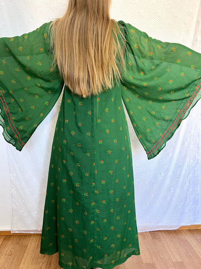 70s green butterfly sleeves dress, Size XS