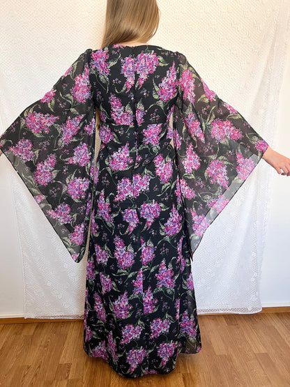 70s floral dramatic sleeves dress, Size XS