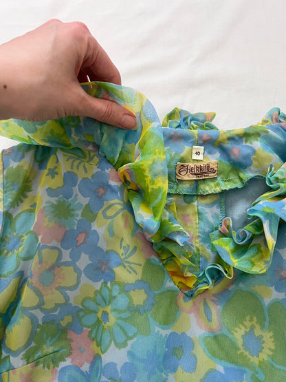 60s floral ruffle dress, Size M-L