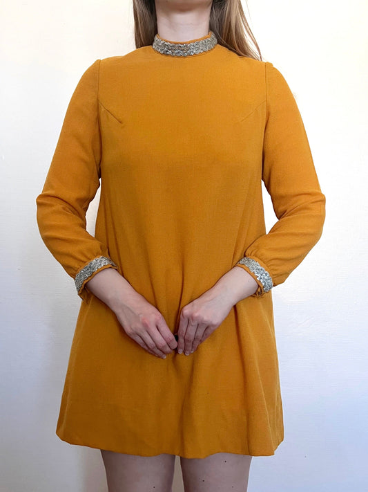 60s mustard yellow and silver mini dress, Size XS-S