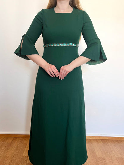 70s green flared sleeves dress, Size S