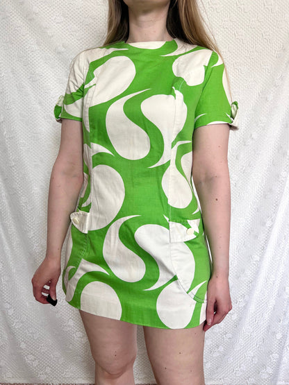 60s green & white mini dress, Size S-M