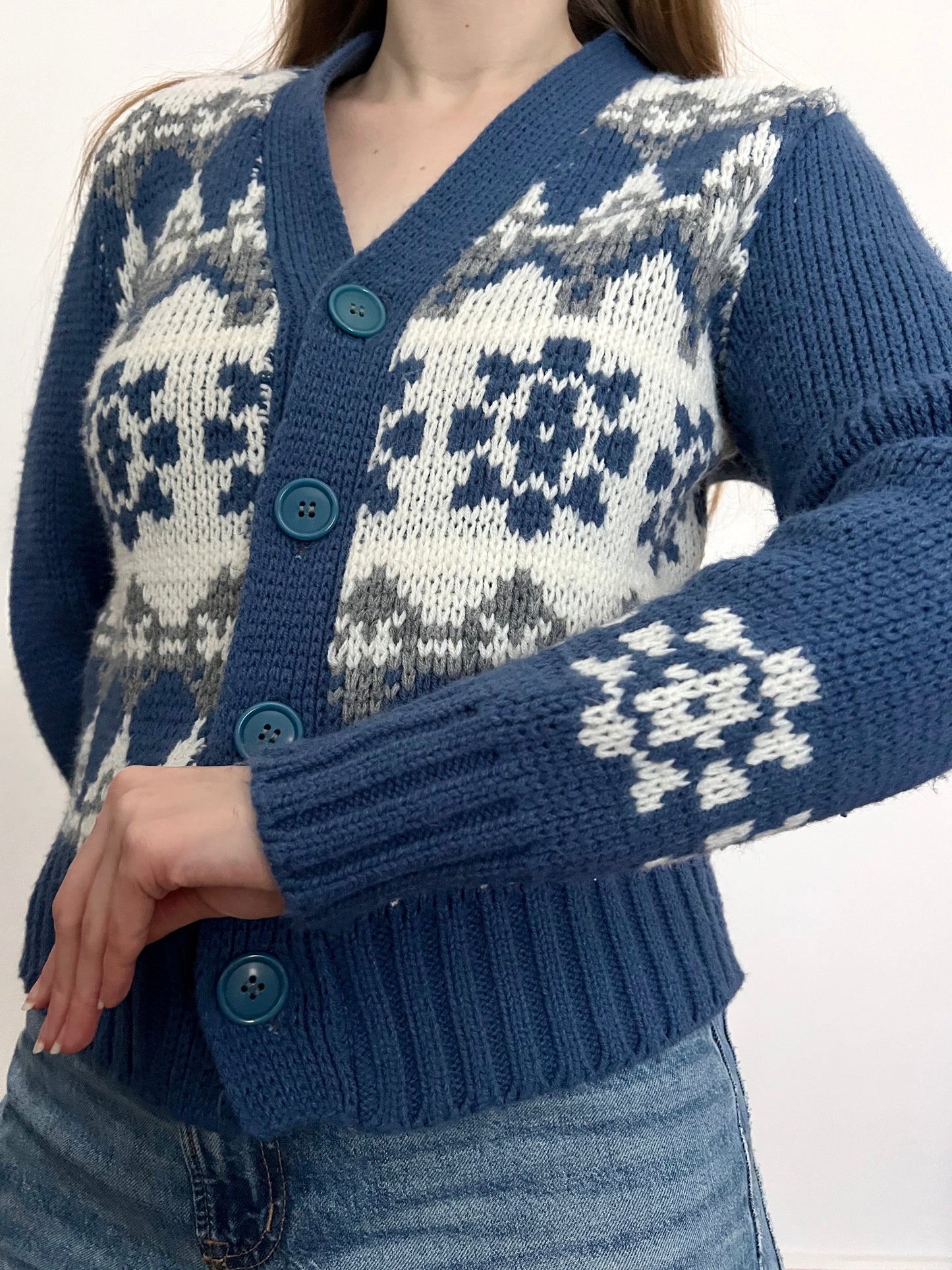 70s blue and white cardigan, Size M-L