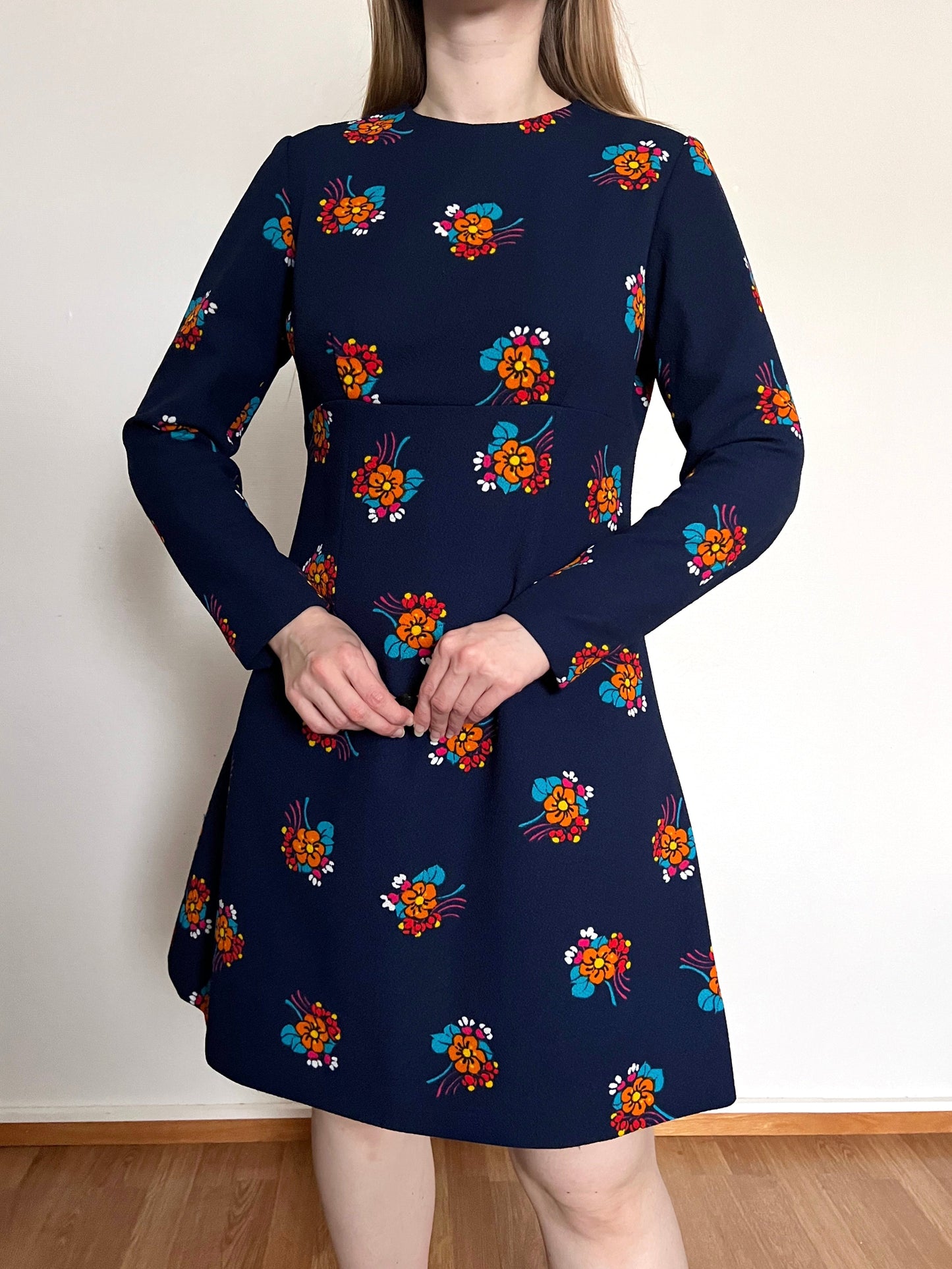 60s blue flower dress, Size M