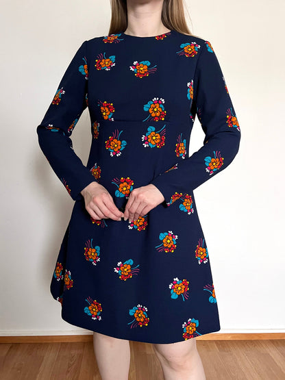 60s blue flower dress, Size M
