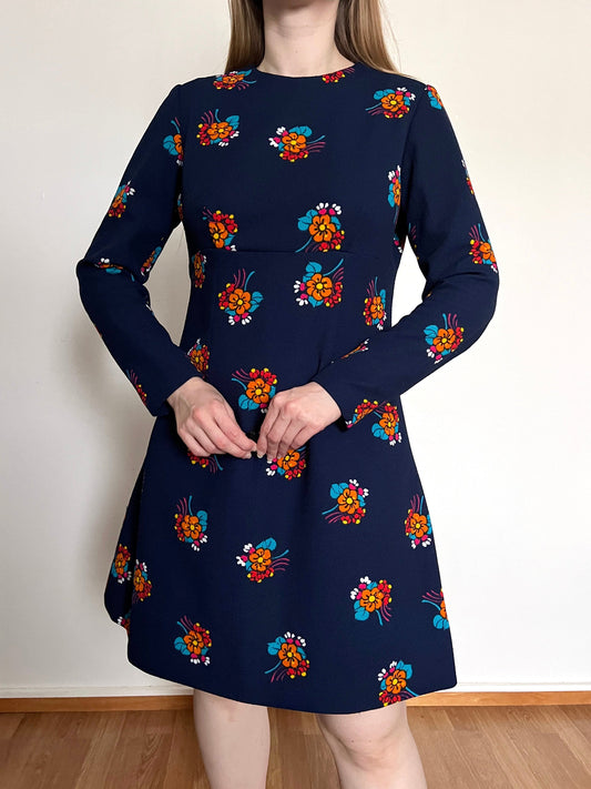 60s blue flower dress, Size M