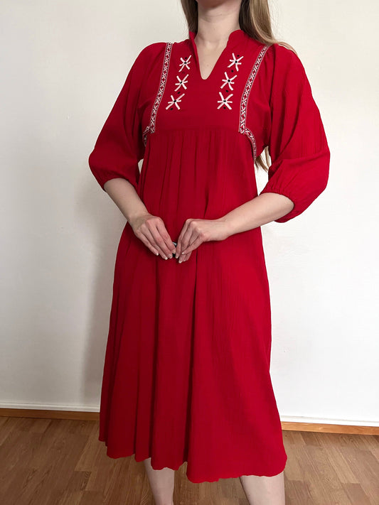 70s red bohemian dress, Size XS-S