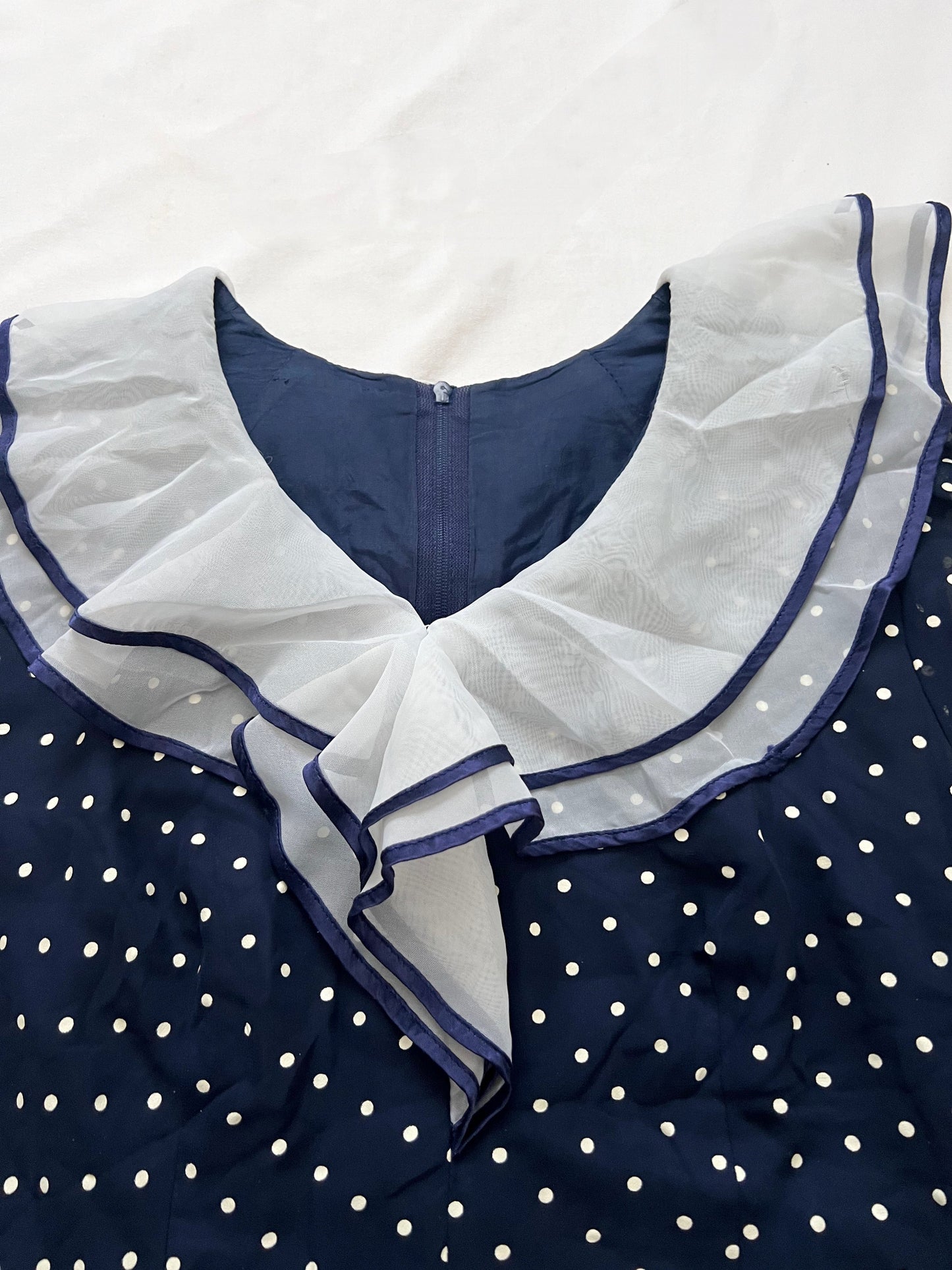 70s blue and white polka dot dress, Size M