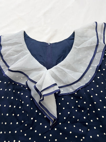 70s blue and white polka dot dress, Size M