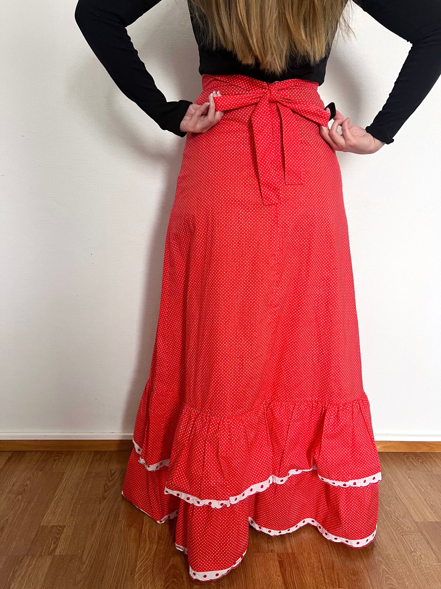 70s Pia & Paula red and white polka dot maxi skirt, Size S