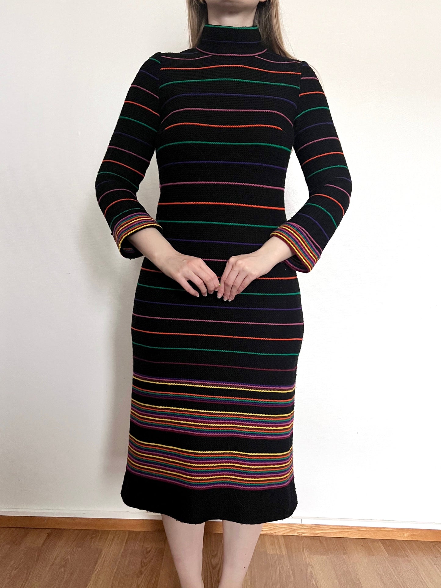 70s black & colorful striped knitted dress, Size S
