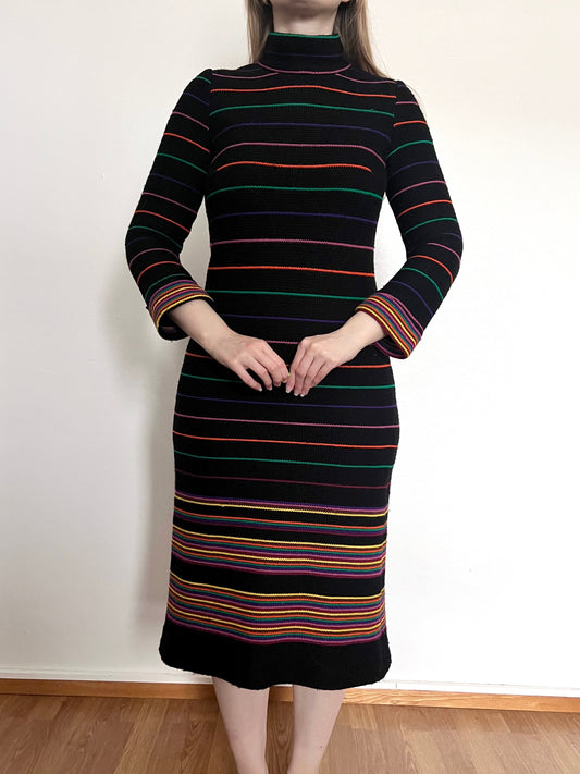 70s black & colorful striped knitted dress, Size S