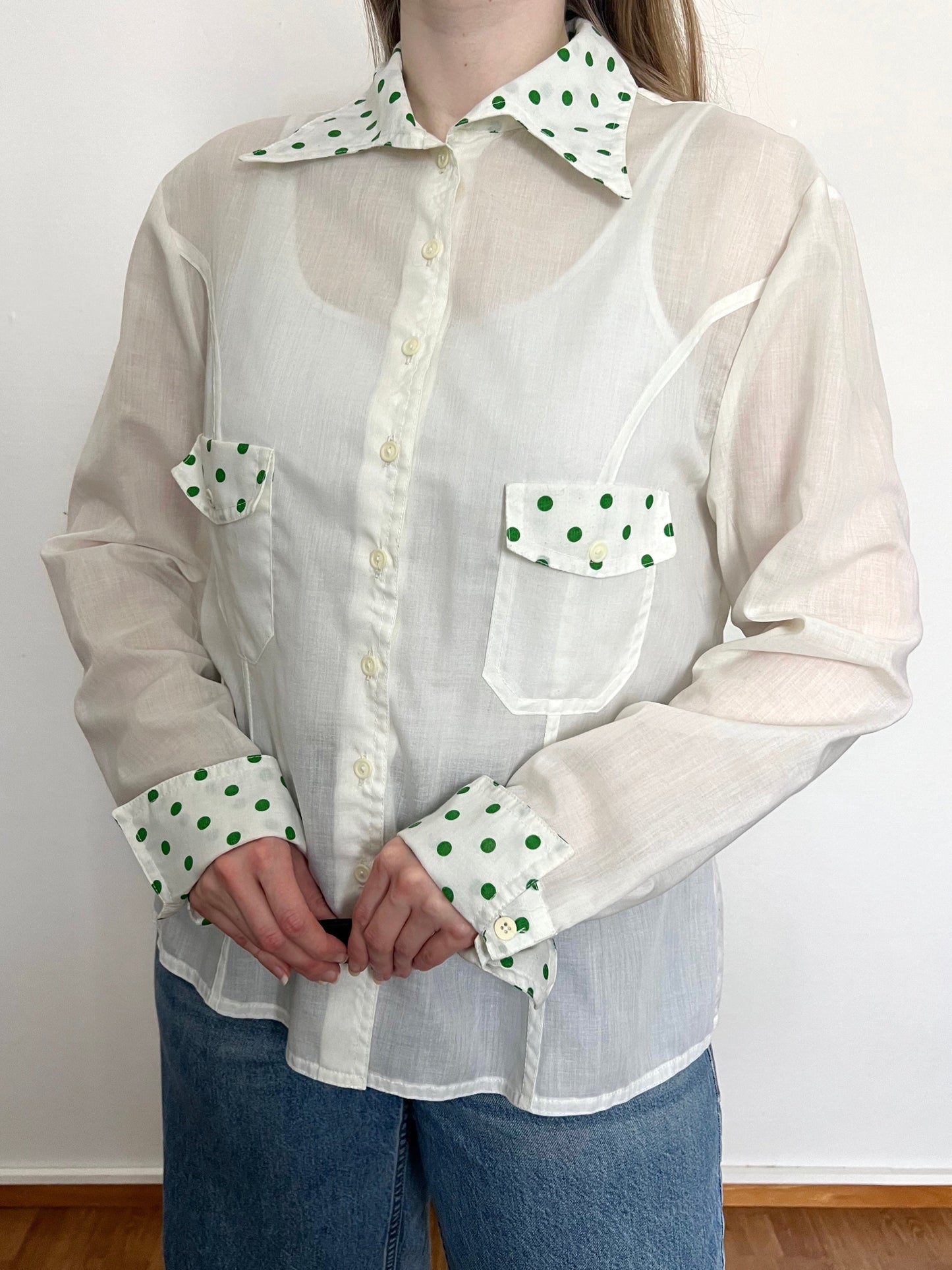 60s white and green polka dot shirt, Size L-XL