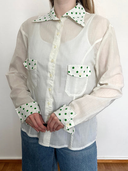 60s white and green polka dot shirt, Size L-XL