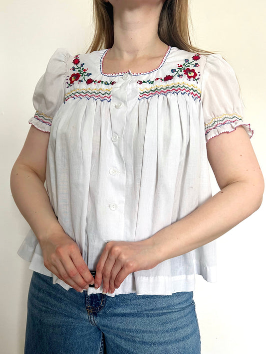 70s babydoll top with embroidery, Size S