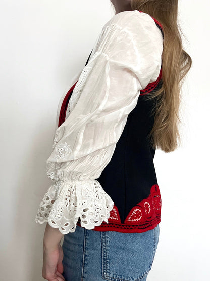 Hungarian felted black, red and white vest, Size XS-S