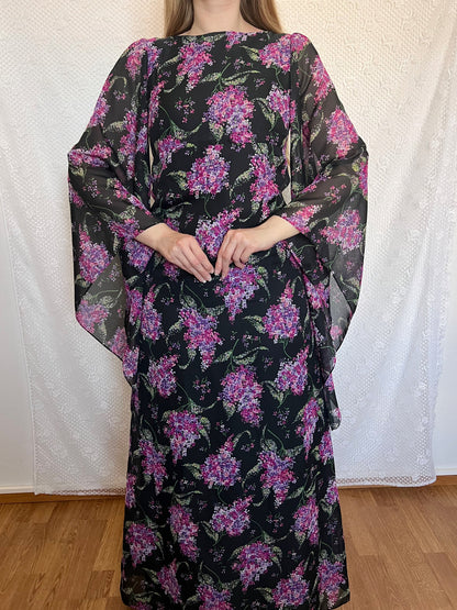 70s floral dramatic sleeves dress, Size XS